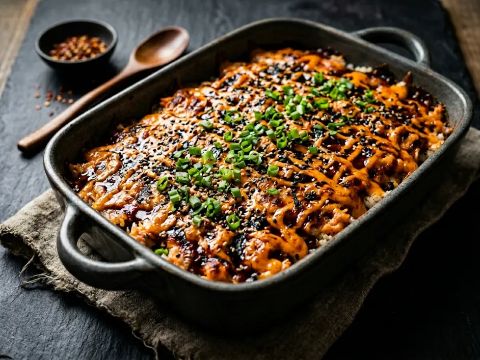 Viral Salmon Sushi Bake with Spicy Mayo Drizzle

