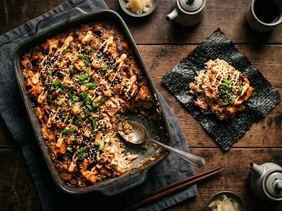 Viral Salmon Sushi Bake with Spicy Mayo Drizzle