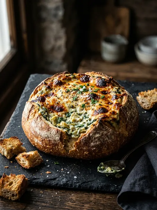 Cheesy Spinach Artichoke Dip in a Bread Bowl