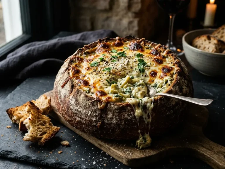 Cheesy Spinach Artichoke Dip in a Bread Bowl