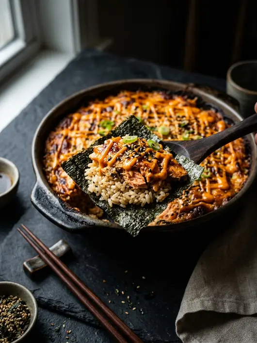Viral Salmon Sushi Bake with Spicy Mayo Drizzle