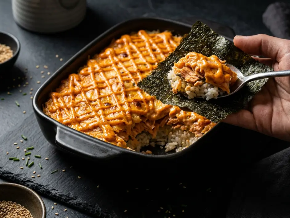 Viral Salmon Sushi Bake with Spicy Mayo Drizzle